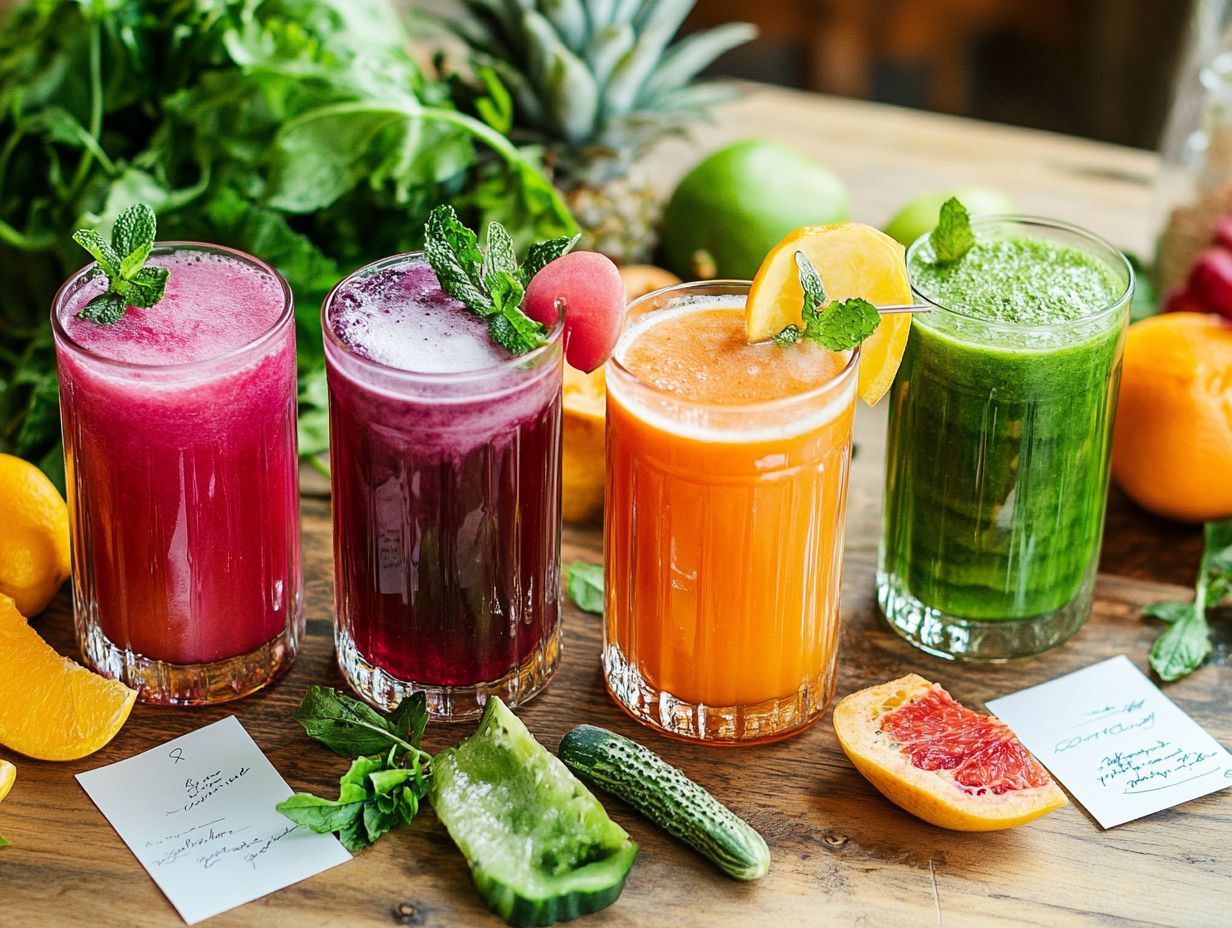 An assortment of detox options including fruits and herbs.