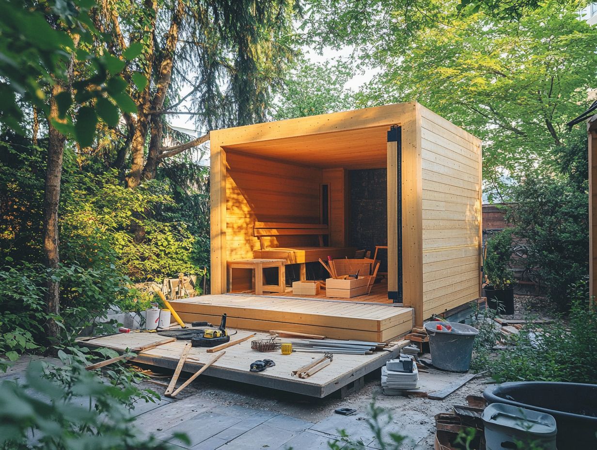 A person building the structure of an outdoor sauna.