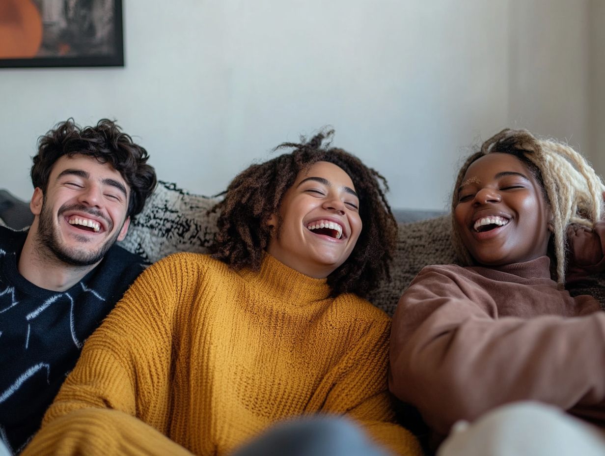 A group of people laughing during a laughter therapy session.