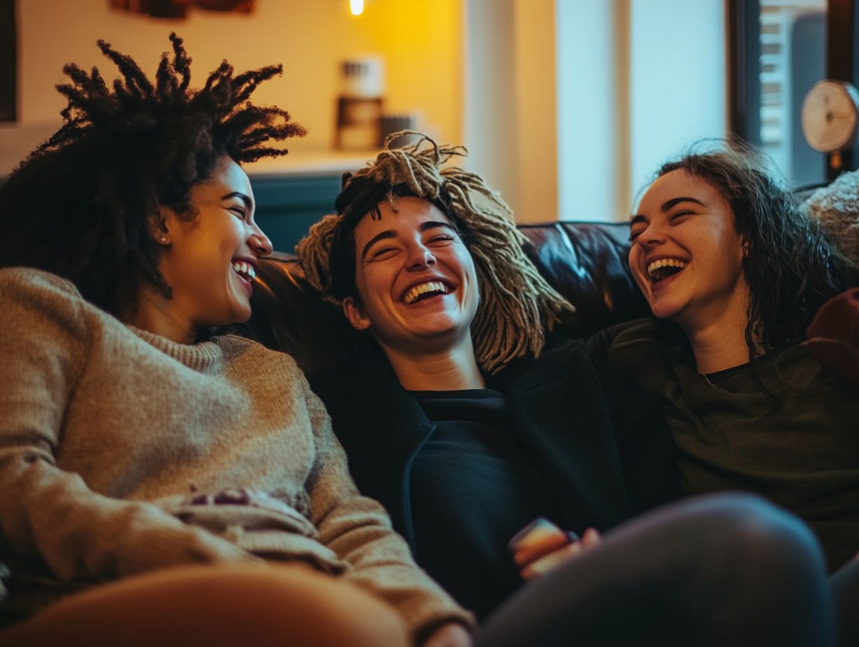 A group of people laughing during a laughter therapy session.