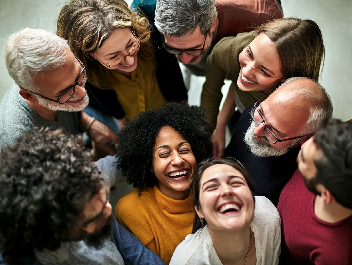 A joyful moment depicting laughter therapy in a supportive group