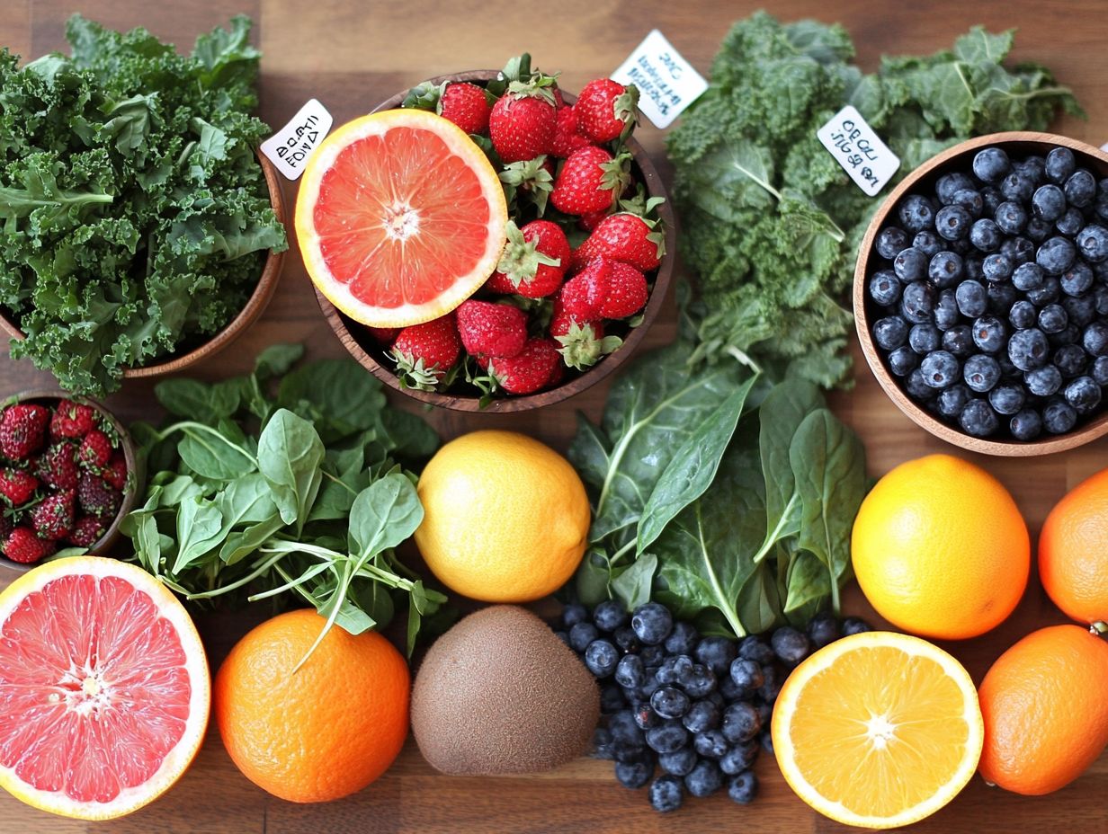 An array of detoxifying foods including fruits and vegetables beneficial for health.