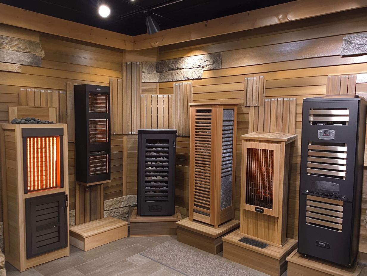 A variety of infrared sauna heaters in a modern setting.