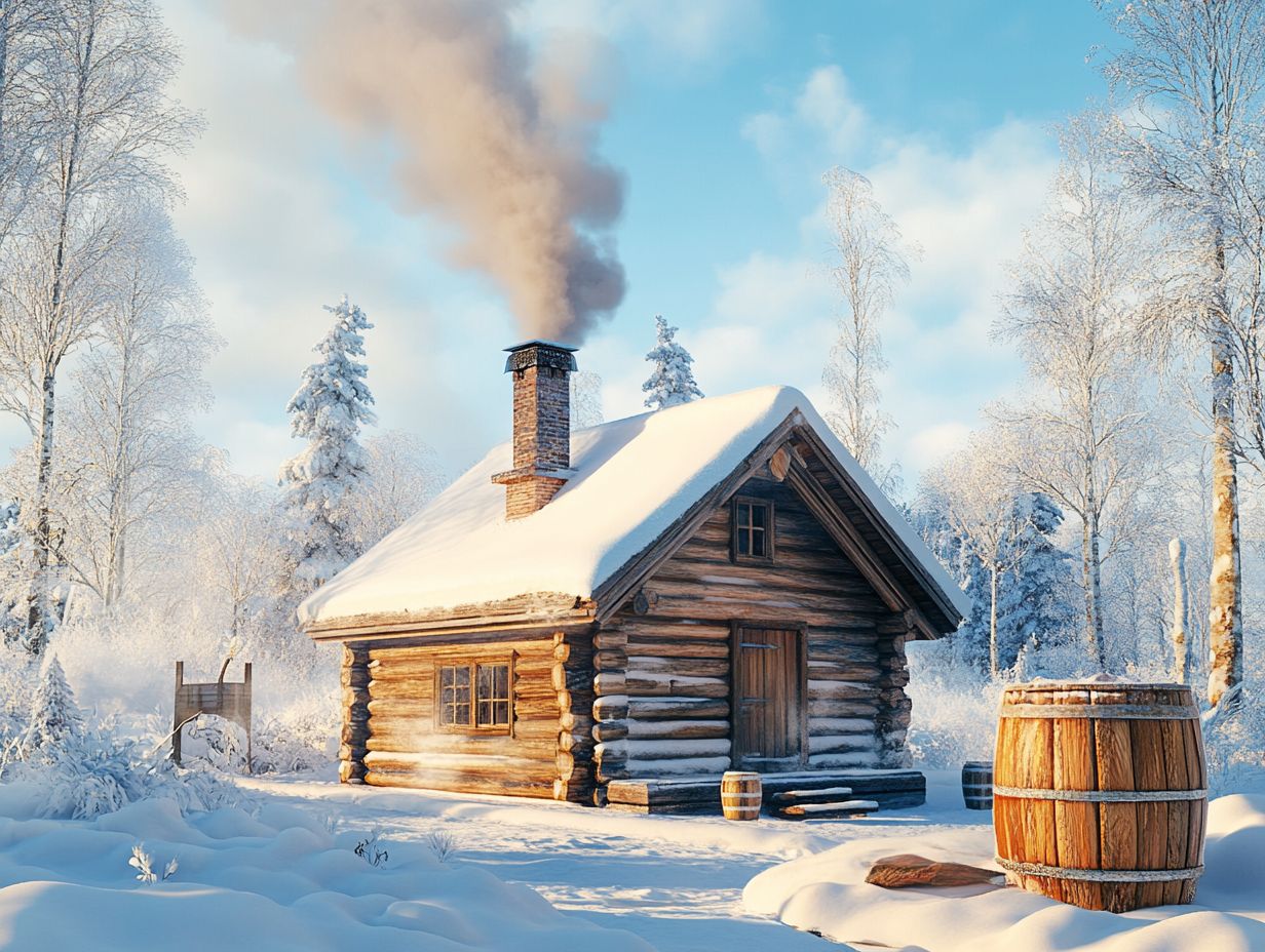 An interior view of a traditional Russian banya with steam and wooden benches.